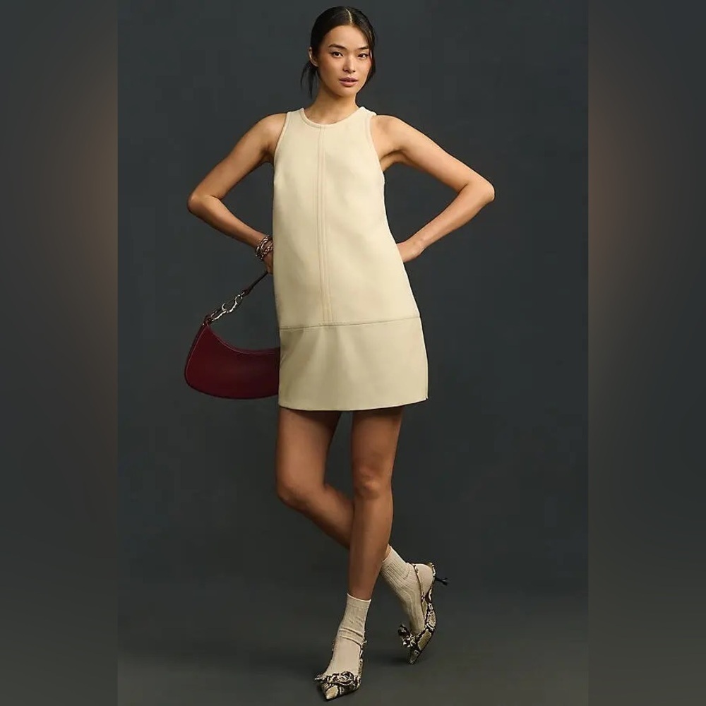 Anthropologie Cream Sleeveless Shift Dress w/ Faux Leather Hem LP - Picture 2 of 8